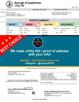 Pennsylvania Utility Sample Fake utility bill